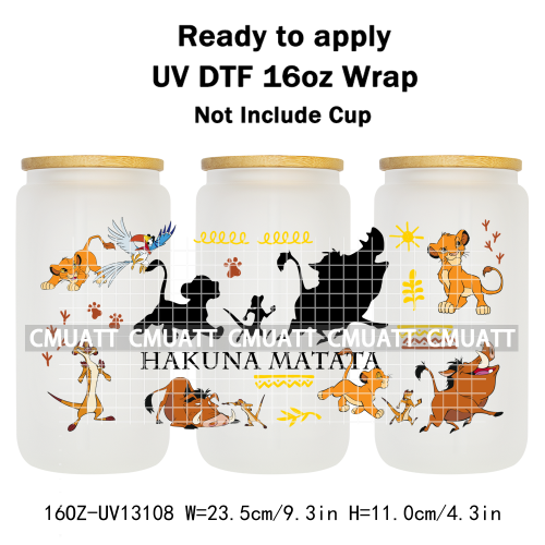 Cartoon Lion UV DTF Cup Wrap Transfer Stickers For 16oz Libbey Glass Beer Selfadhesive Waterproof Adhesive