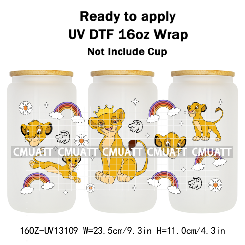 Cartoon Lion UV DTF Cup Wrap Transfer Stickers For 16oz Libbey Glass Beer Selfadhesive Waterproof Adhesive
