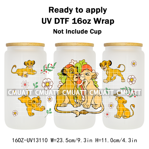 Cartoon Lion UV DTF Cup Wrap Transfer Stickers For 16oz Libbey Glass Beer Selfadhesive Waterproof Adhesive