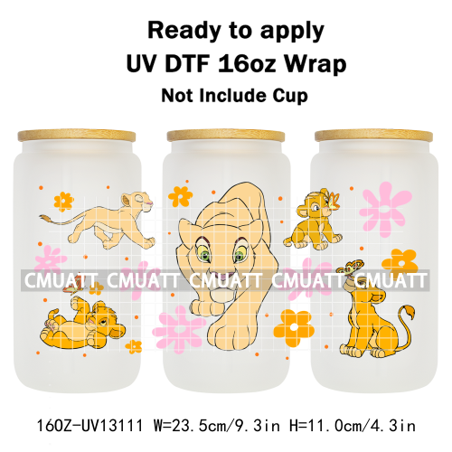 Cartoon Lion UV DTF Cup Wrap Transfer Stickers For 16oz Libbey Glass Beer Selfadhesive Waterproof Adhesive