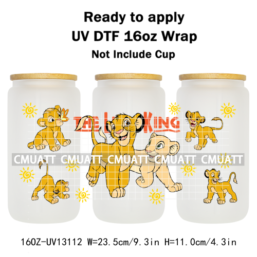 Cartoon Lion UV DTF Cup Wrap Transfer Stickers For 16oz Libbey Glass Beer Selfadhesive Waterproof Adhesive