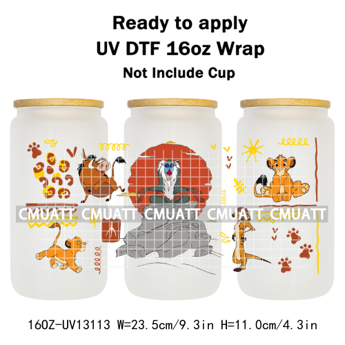 Cartoon Lion UV DTF Cup Wrap Transfer Stickers For 16oz Libbey Glass Beer Selfadhesive Waterproof Adhesive