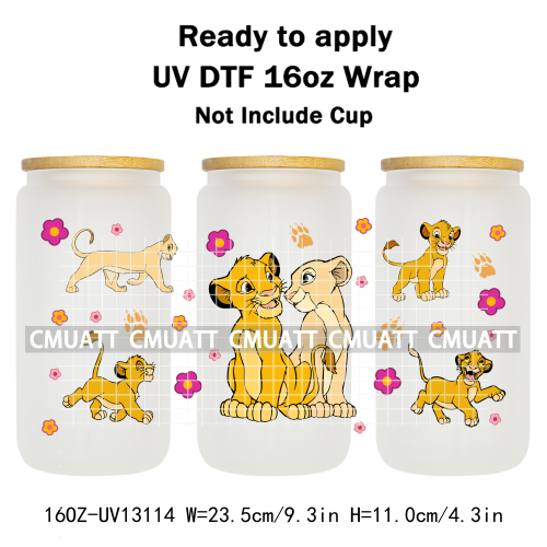 Cartoon Lion UV DTF Cup Wrap Transfer Stickers For 16oz Libbey Glass Beer Selfadhesive Waterproof Adhesive