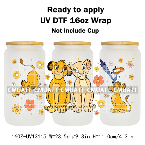 Cartoon Lion UV DTF Cup Wrap Transfer Stickers For 16oz Libbey Glass Beer Selfadhesive Waterproof Adhesive
