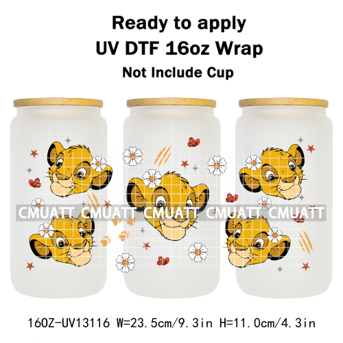 Cartoon Lion UV DTF Cup Wrap Transfer Stickers For 16oz Libbey Glass Beer Selfadhesive Waterproof Adhesive