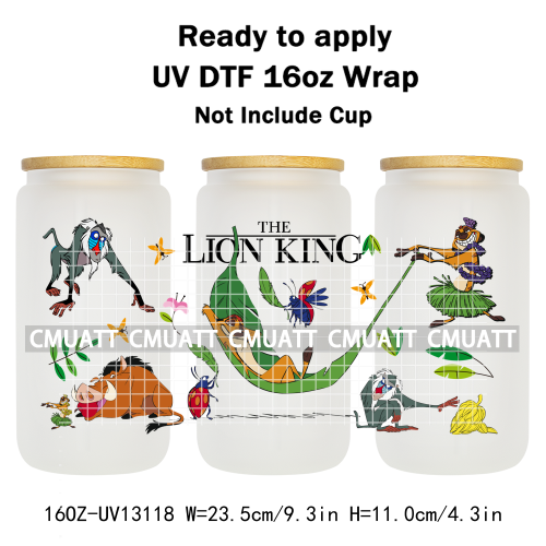 Cartoon Lion UV DTF Cup Wrap Transfer Stickers For 16oz Libbey Glass Beer Selfadhesive Waterproof Adhesive