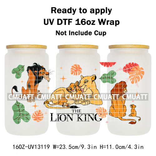 Cartoon Lion UV DTF Cup Wrap Transfer Stickers For 16oz Libbey Glass Beer Selfadhesive Waterproof Adhesive
