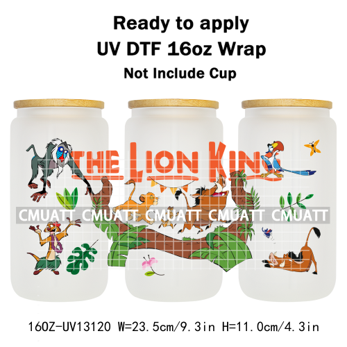 Cartoon Lion UV DTF Cup Wrap Transfer Stickers For 16oz Libbey Glass Beer Selfadhesive Waterproof Adhesive