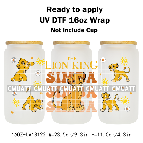 Cartoon Lion UV DTF Cup Wrap Transfer Stickers For 16oz Libbey Glass Beer Selfadhesive Waterproof Adhesive