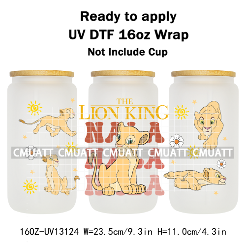 Cartoon Lion UV DTF Cup Wrap Transfer Stickers For 16oz Libbey Glass Beer Selfadhesive Waterproof Adhesive