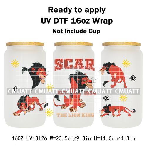 Cartoon Lion UV DTF Cup Wrap Transfer Stickers For 16oz Libbey Glass Beer Selfadhesive Waterproof Adhesive