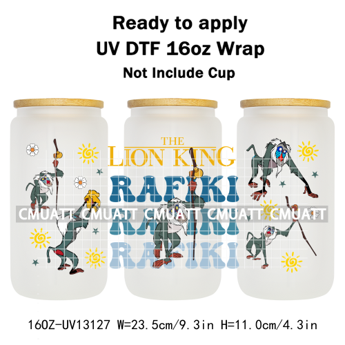 Cartoon Lion UV DTF Cup Wrap Transfer Stickers For 16oz Libbey Glass Beer Selfadhesive Waterproof Adhesive
