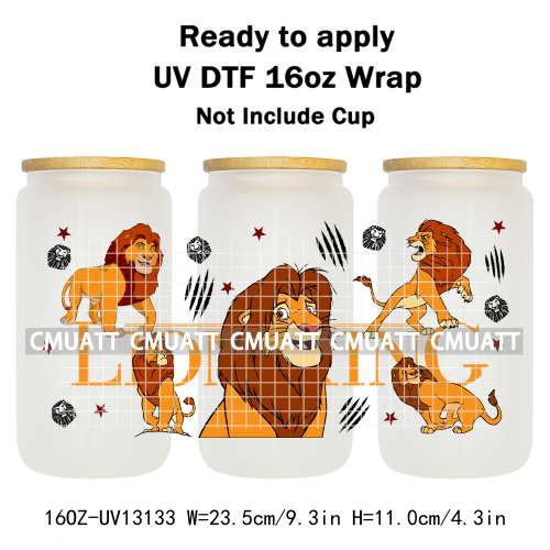 Cartoon Lion UV DTF Cup Wrap Transfer Stickers For 16oz Libbey Glass Beer Selfadhesive Waterproof Adhesive
