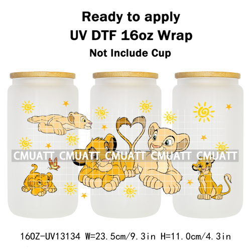 Cartoon Lion UV DTF Cup Wrap Transfer Stickers For 16oz Libbey Glass Beer Selfadhesive Waterproof Adhesive
