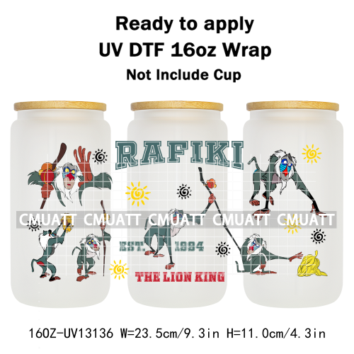 Cartoon Lion UV DTF Cup Wrap Transfer Stickers For 16oz Libbey Glass Beer Selfadhesive Waterproof Adhesive