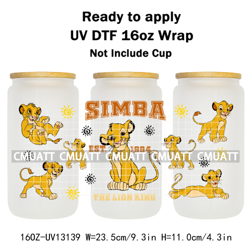 Cartoon Lion UV DTF Cup Wrap Transfer Stickers For 16oz Libbey Glass Beer Selfadhesive Waterproof Adhesive