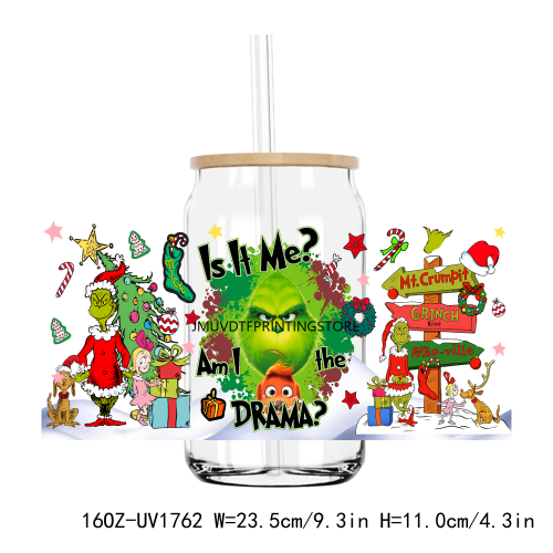 Christmas In My Grinch Era 16OZ UV DTF Cup Wrap Transfer Stickers Custom Labels DIY Durable Waterproof Logo For Libbey Glass Can