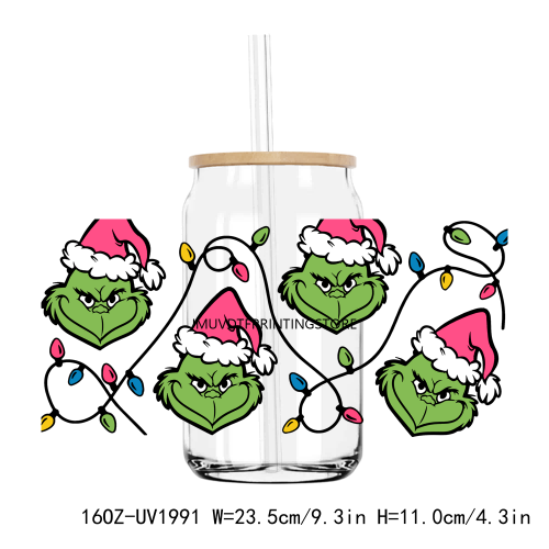 Christmas Cartoon Grinch 16OZ UV DTF Cup Wrap Transfers Stickers Custom Labels DIY Durable Waterproof Logo For Libbey Glass Can