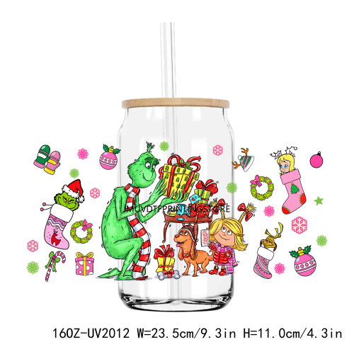 Christmas Cartoon Grinch 16OZ UV DTF Cup Wrap Transfers Stickers Custom Labels DIY Durable Waterproof Logo For Libbey Glass Can