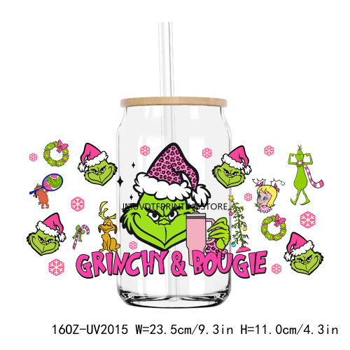 Christmas Cartoon Grinch 16OZ UV DTF Cup Wrap Transfers Stickers Custom Labels DIY Durable Waterproof Logo For Libbey Glass Can