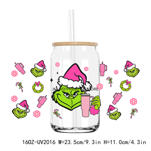 Christmas Cartoon Grinch 16OZ UV DTF Cup Wrap Transfers Stickers Custom Labels DIY Durable Waterproof Logo For Libbey Glass Can