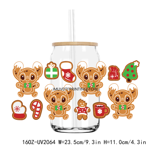 Cartoon Christmas Gingerbread 16OZ UV DTF Cup Wrap Transfers Stickers Custom Labels DIY Waterproof Logo For Libbey Glass Can