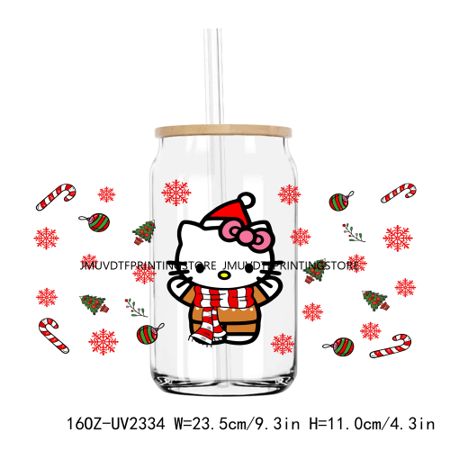 Christmas Cute Cartoon Cat With Coffee UV DTF Sticker For 16OZ Libbey Glass Cup Can Wrap Transfer Sticker Custom Labels DIY Logo