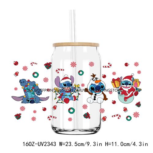 Merry Christmas Blue Cartoon Character UV DTF Sticker For 16OZ Libbey Glass Cup Can Wrap Transfer Sticker Custom Labels DIY Logo