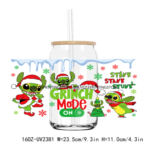 Merry Christmas Blue Cartoon Character UV DTF Sticker For 16OZ Libbey Glass Cup Can Wrap Transfer Sticker Custom Labels DIY Logo