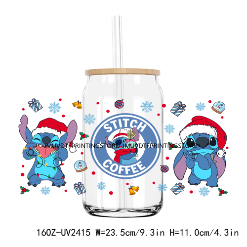 Merry Christmas Blue Cartoon Character UV DTF Sticker For 16OZ Libbey Glass Cup Can Wrap Transfer Sticker Custom Labels DIY Logo