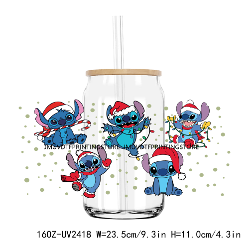 Merry Christmas Blue Cartoon Character UV DTF Sticker For 16OZ Libbey Glass Cup Can Wrap Transfer Sticker Custom Labels DIY Logo