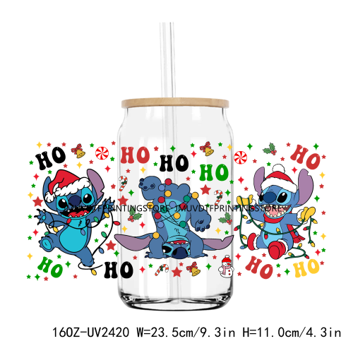 Merry Christmas Blue Cartoon Character UV DTF Sticker For 16OZ Libbey Glass Cup Can Wrap Transfer Sticker Custom Labels DIY Logo