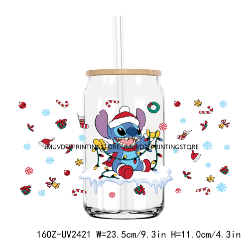 Merry Christmas Blue Cartoon Character UV DTF Sticker For 16OZ Libbey Glass Cup Can Wrap Transfer Sticker Custom Labels DIY Logo