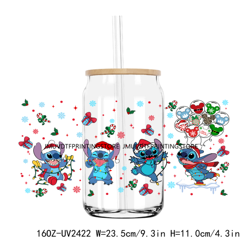 Merry Christmas Blue Cartoon Character UV DTF Sticker For 16OZ Libbey Glass Cup Can Wrap Transfer Sticker Custom Labels DIY Logo