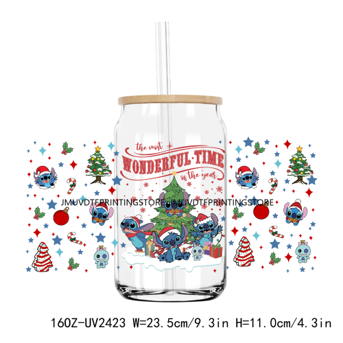 Merry Christmas Blue Cartoon Character UV DTF Sticker For 16OZ Libbey Glass Cup Can Wrap Transfer Sticker Custom Labels DIY Logo