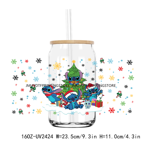 Merry Christmas Blue Cartoon Character UV DTF Sticker For 16OZ Libbey Glass Cup Can Wrap Transfer Sticker Custom Labels DIY Logo