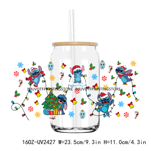 Merry Christmas Blue Cartoon Character UV DTF Sticker For 16OZ Libbey Glass Cup Can Wrap Transfer Sticker Custom Labels DIY Logo