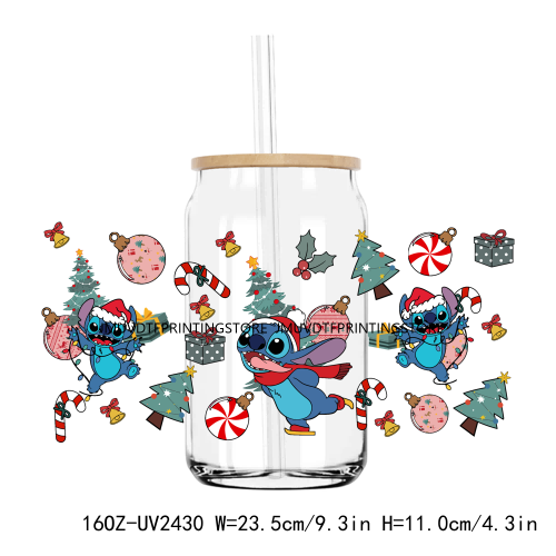 Merry Christmas Blue Cartoon Character UV DTF Sticker For 16OZ Libbey Glass Cup Can Wrap Transfer Sticker Custom Labels DIY Logo