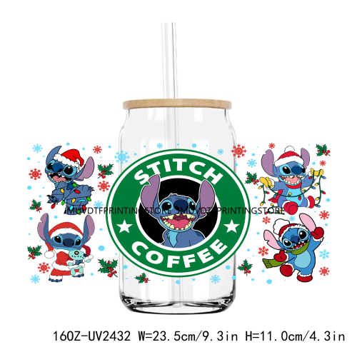 Merry Christmas Blue Cartoon Character UV DTF Sticker For 16OZ Libbey Glass Cup Can Wrap Transfer Sticker Custom Labels DIY Logo