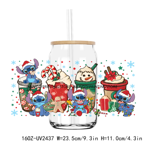 Merry Christmas Blue Cartoon Character UV DTF Sticker For 16OZ Libbey Glass Cup Can Wrap Transfer Sticker Custom Labels DIY Logo