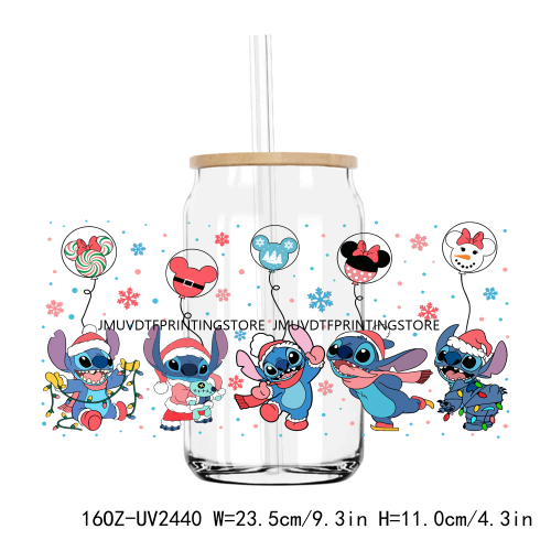 Merry Christmas Blue Cartoon Character UV DTF Sticker For 16OZ Libbey Glass Cup Can Wrap Transfer Sticker Custom Labels DIY Logo