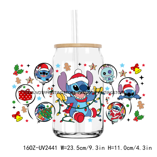 Merry Christmas Blue Cartoon Character UV DTF Sticker For 16OZ Libbey Glass Cup Can Wrap Transfer Sticker Custom Labels DIY Logo