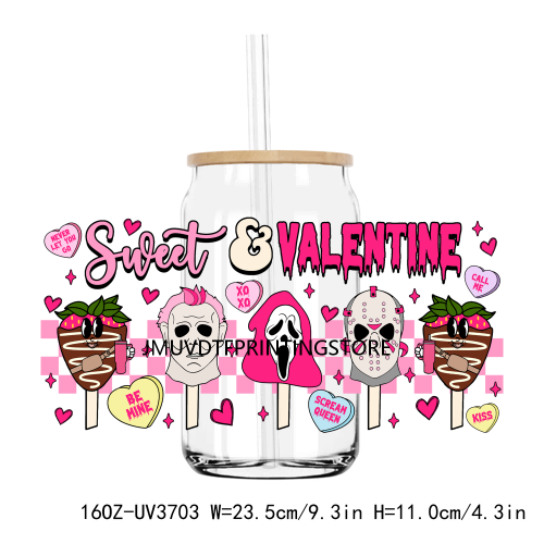 Horror Killer Pink Valentine Day 16OZ UV DTF Cup Wrap Transfers Stickers Custom Label DIY Waterproof Logo For Libbey Glass Can