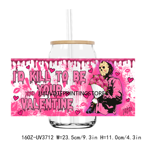 Horror Killer Pink Valentine Day 16OZ UV DTF Cup Wrap Transfers Stickers Custom Label DIY Waterproof Logo For Libbey Glass Can