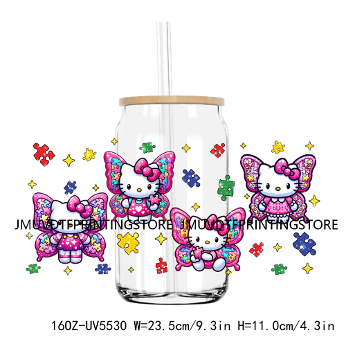 Mexico Autism Puzzle Cartoon Cat 16OZ UV DTF Cup Wrap Transfer Sticker Custom Label Durable Waterproof Logo For Libbey Glass Can