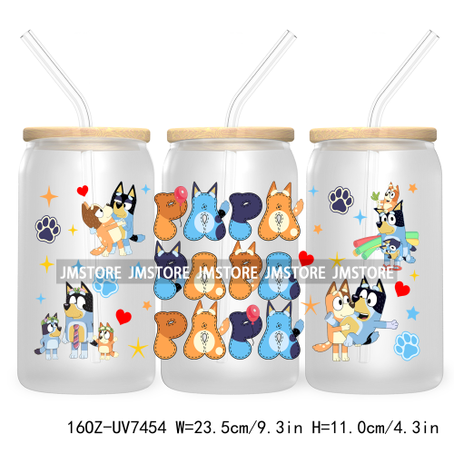 Cartoon Blue Dog Mama Dad Family 16OZ UV DTF Cup Wrap Transfers Stickers For Libbey Glass Can Cups Tumbler Waterproof Labels