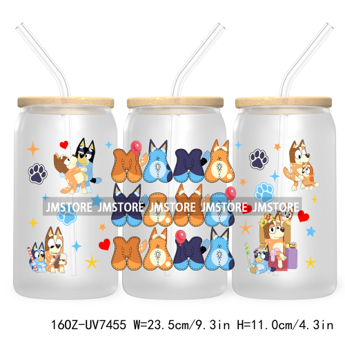 Cartoon Blue Dog Mama Dad Family 16OZ UV DTF Cup Wrap Transfers Stickers For Libbey Glass Can Cups Tumbler Waterproof Labels