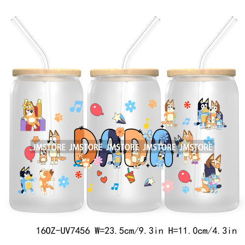 Cartoon Blue Dog Mama Dad Family 16OZ UV DTF Cup Wrap Transfers Stickers For Libbey Glass Can Cups Tumbler Waterproof Labels