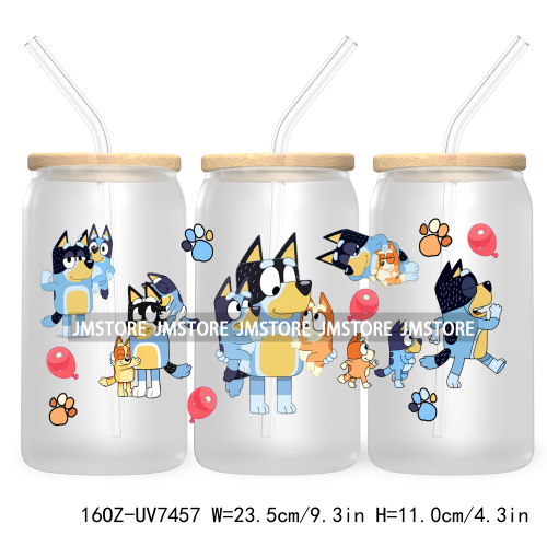 Cartoon Blue Dog Mama Dad Family 16OZ UV DTF Cup Wrap Transfers Stickers For Libbey Glass Can Cups Tumbler Waterproof Labels