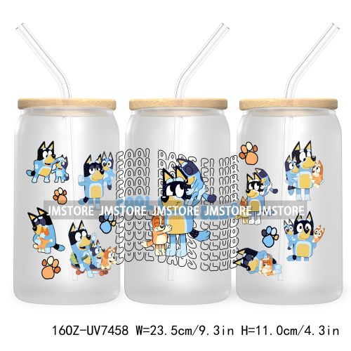 Cartoon Blue Dog Mama Dad Family 16OZ UV DTF Cup Wrap Transfers Stickers For Libbey Glass Can Cups Tumbler Waterproof Labels